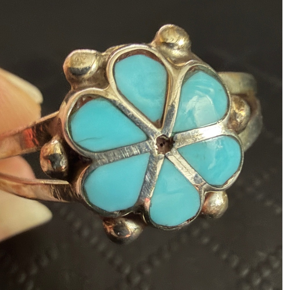 Vintage Sterling Silver Turquoise Ring Southwest Inlay Split Shank Size 9 - Picture 3 of 11